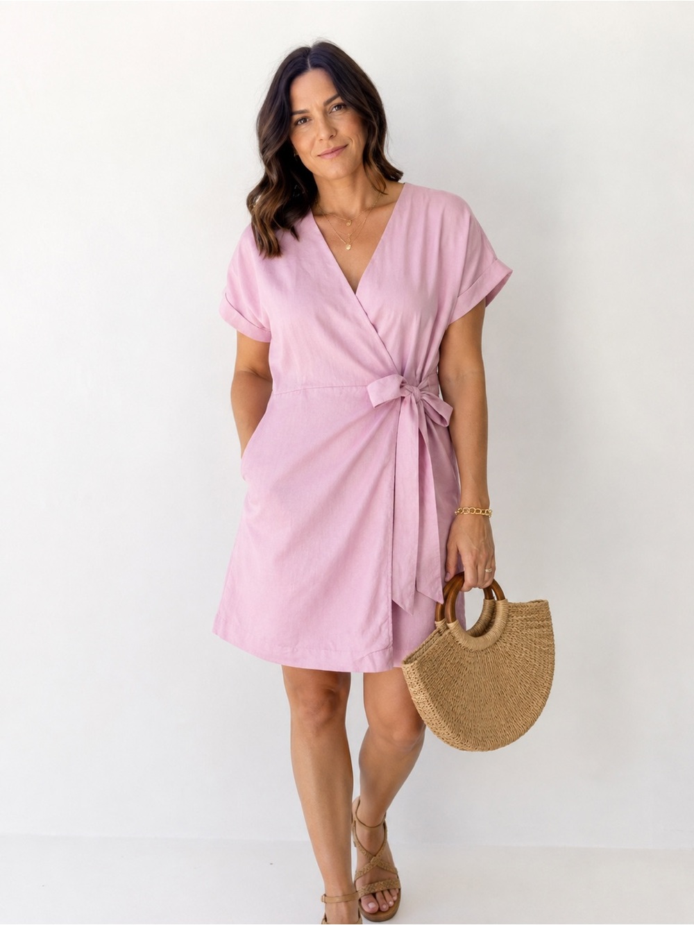 Hudson North Linen Blend Pink Wrap Mini Dress